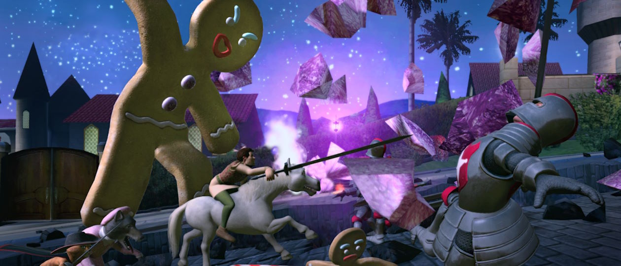 A remaster scene showing a giant gingerbread hero, a knight and magical debris outside a fairytale castle